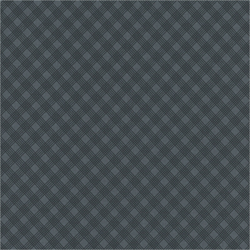 muted blue fabric with a five line dark blue lattice design
