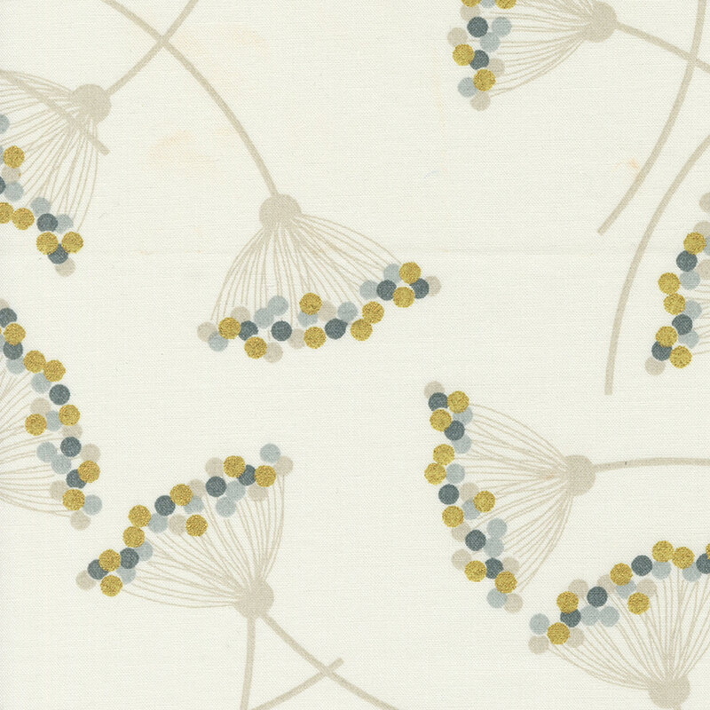 Cream fabric featuring floral motifs that resemble Queen Anne's Lace with gold metallic and gray dots in a minimalist design