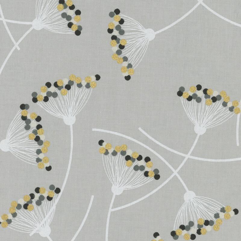 Light Gray fabric featuring floral motifs that resemble Queen Anne's Lace with gold metallic and gray dots in a minimalist design