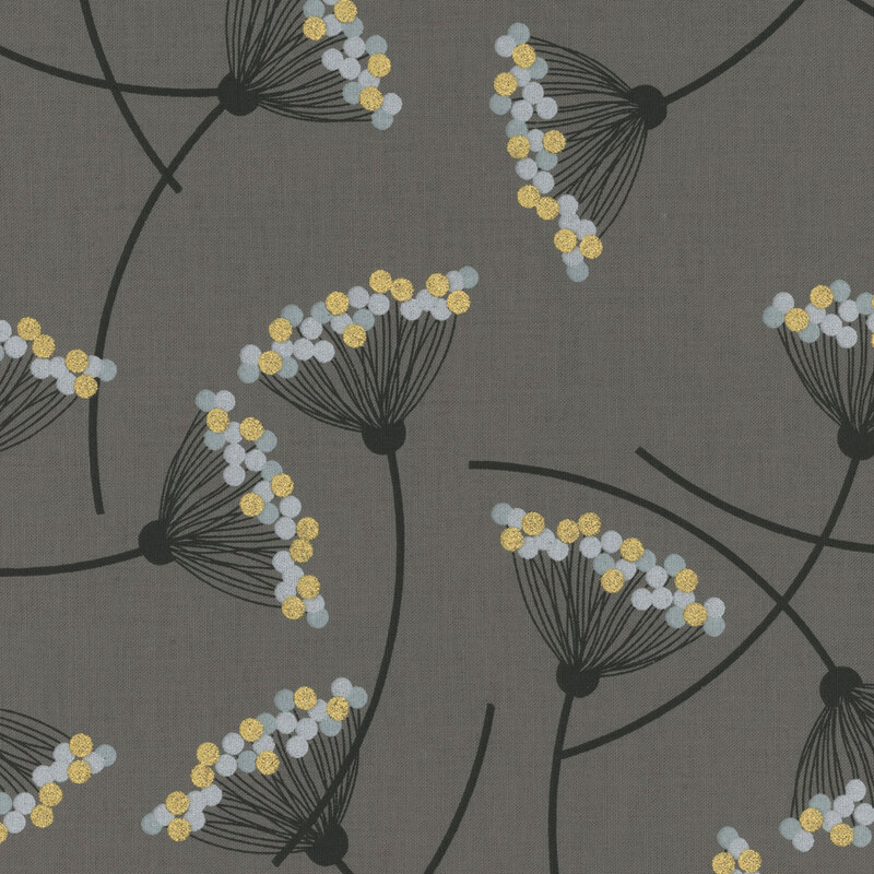 Dark Gray fabric featuring floral motifs that resemble Queen Anne's Lace with gold metallic and gray dots in a minimalist design