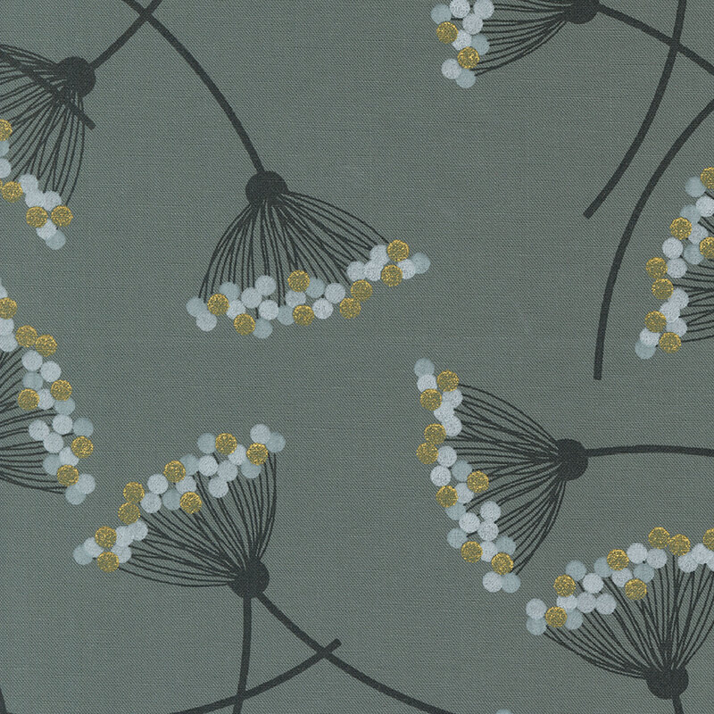 Dark Gray fabric featuring floral motifs that resemble Queen Anne's Lace with gold metallic and gray dots in a minimalist design