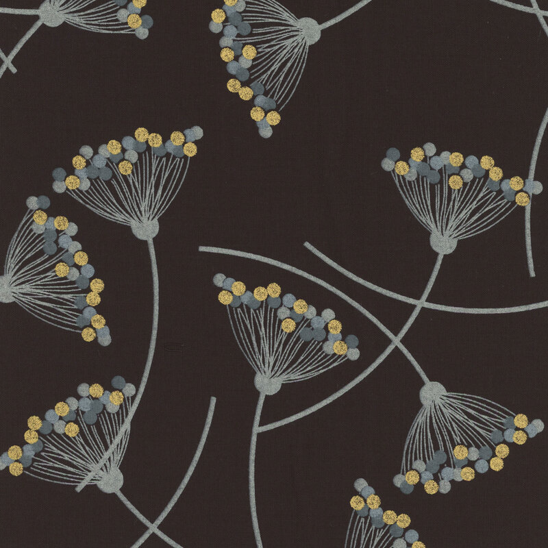 Black fabric featuring floral motifs that resemble Queen Anne's Lace with gold metallic and gray dots in a minimalist design