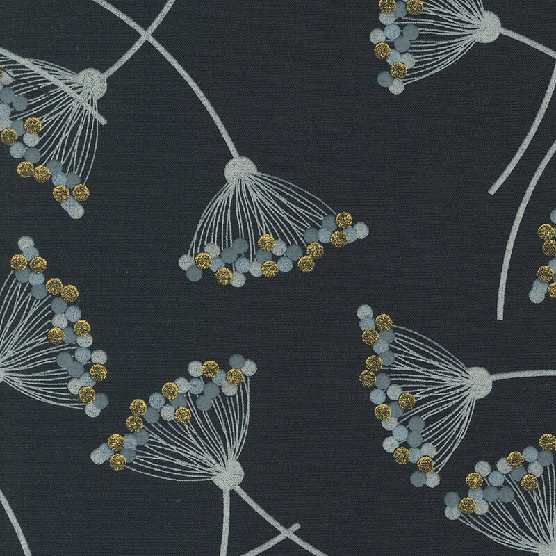 Black fabric featuring floral motifs that resemble Queen Anne's Lace with gold metallic and gray dots in a minimalist design