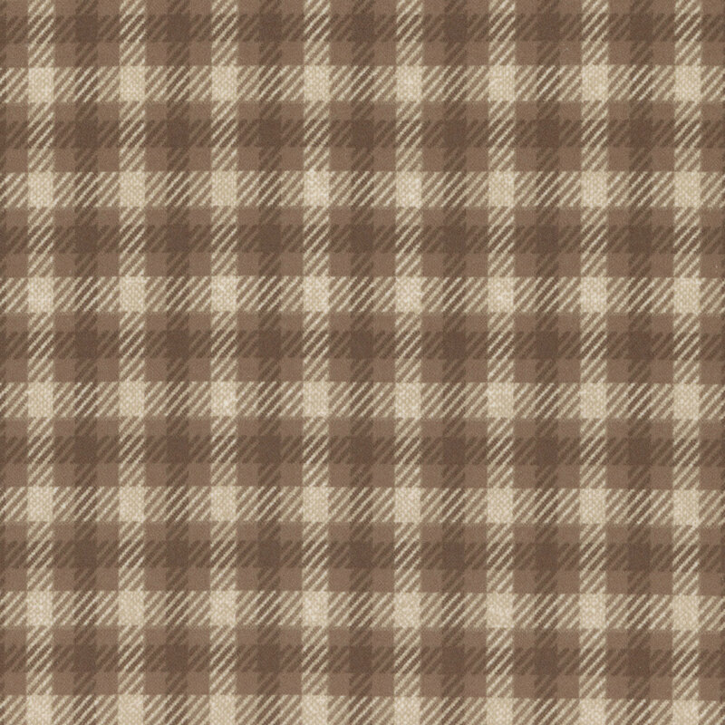 soft brown flannel fabric featuring brown and cream dashed plaid striping
