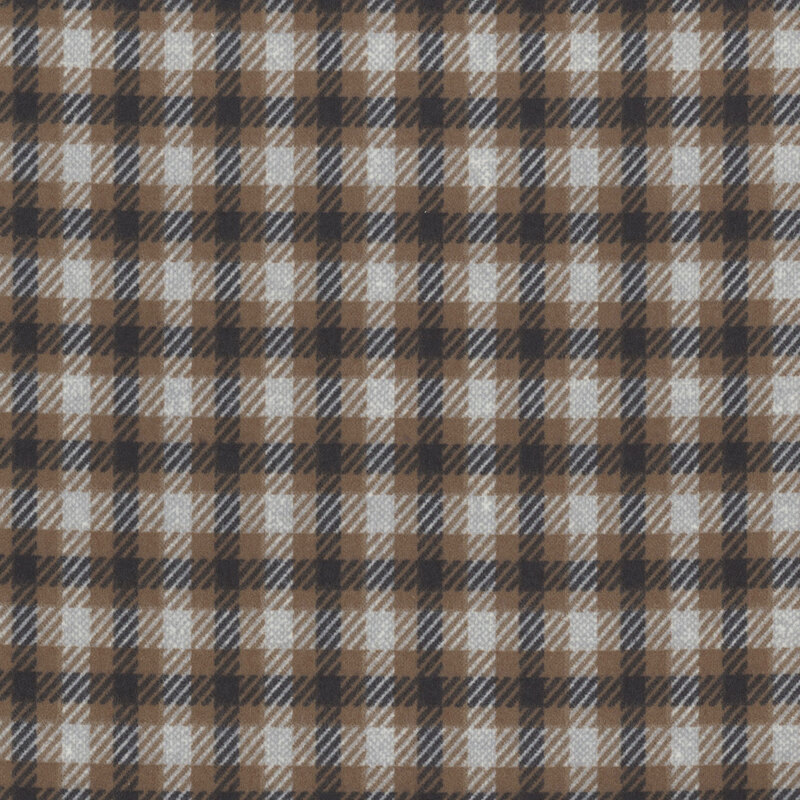 soft brown flannel fabric featuring light and dark gray dashed plaid striping