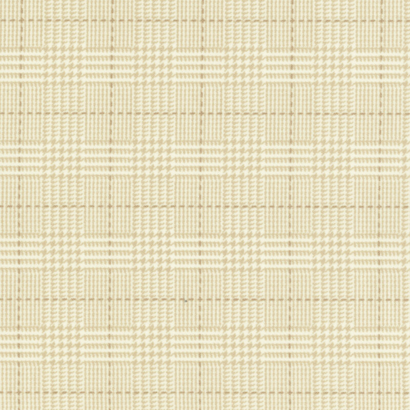 cream flannel fabric featuring a tonal plaid design, including dashed lines and houndstooth elements