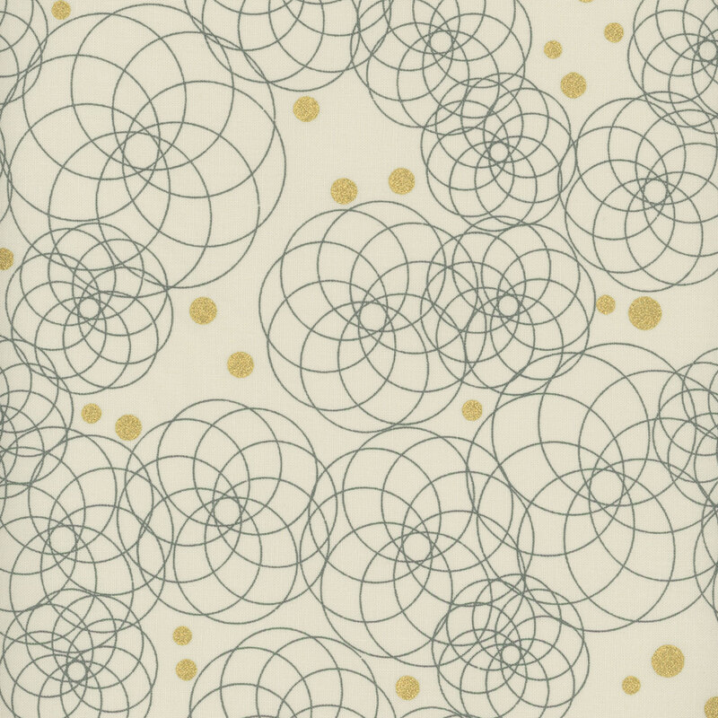 Circular fractal patterns interspersed among gold metallic dots on an ecru background