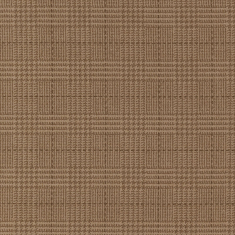 brown flannel fabric featuring a tonal plaid design, including dashed lines and houndstooth elements
