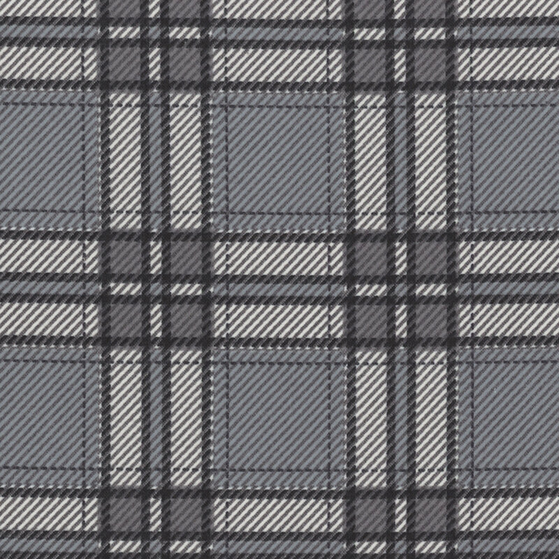 gray flannel fabric featuring a dark and light gray plaid design and diagonal hatching