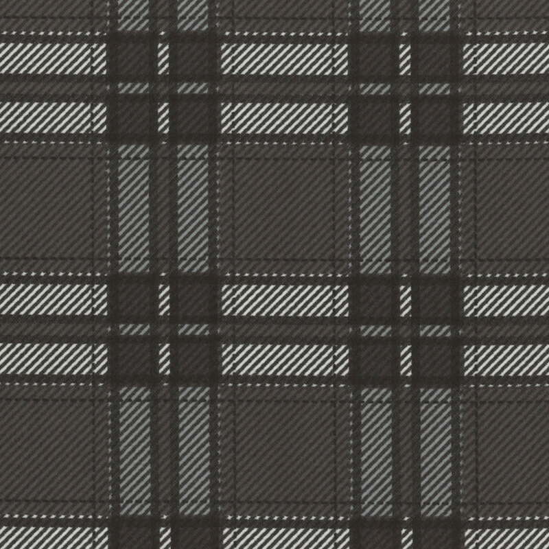 dark gray flannel fabric featuring a gray and dark gray plaid design and diagonal hatching