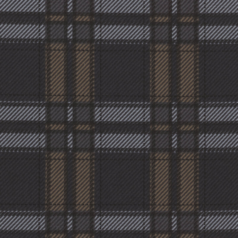 dark gray flannel fabric featuring a brown and gray plaid design and diagonal hatching