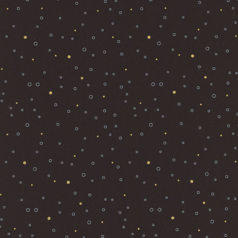 Black fabric featuring tiny gray circles and gold metallic dots scattered all over.