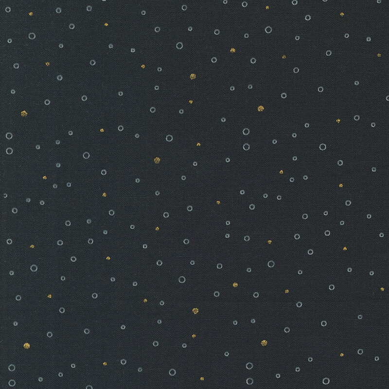 Black fabric featuring tiny gray circles and gold metallic dots scattered all over.