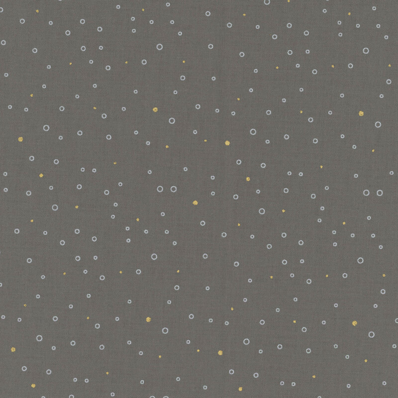 Dark gray fabric featuring tiny light gray circles and gold metallic dots scattered all over.