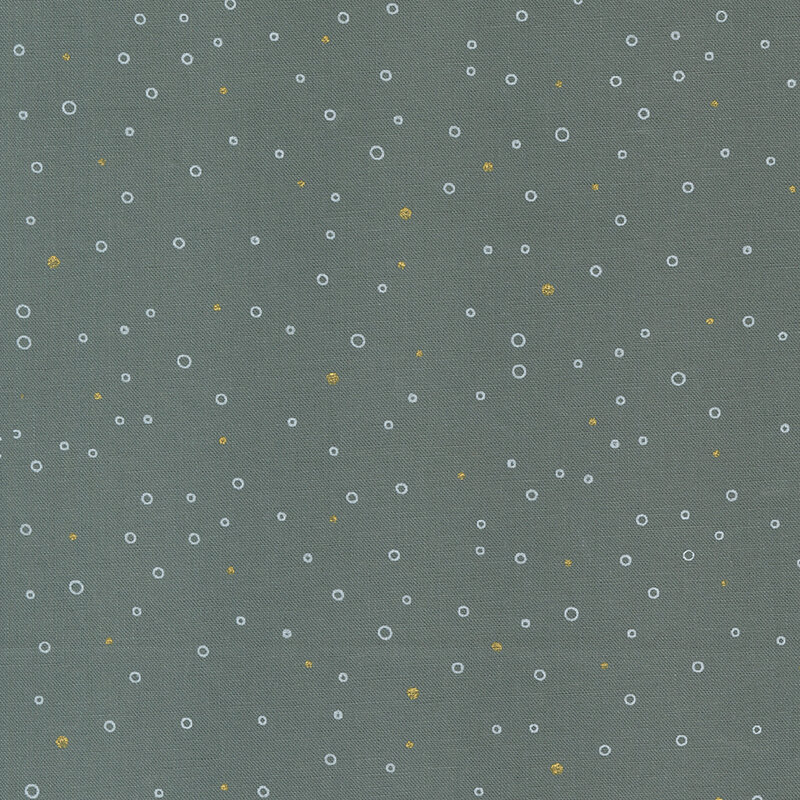 Dark gray fabric featuring tiny light gray circles and gold metallic dots scattered all over.
