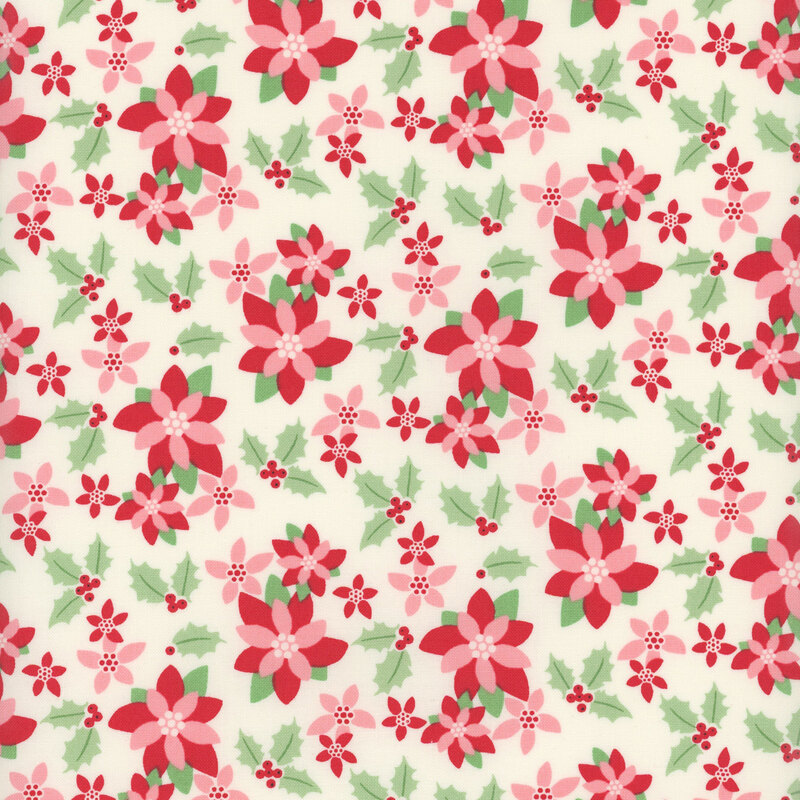 off white fabric featuring scattered pink and red poinsettias and bunches of holly