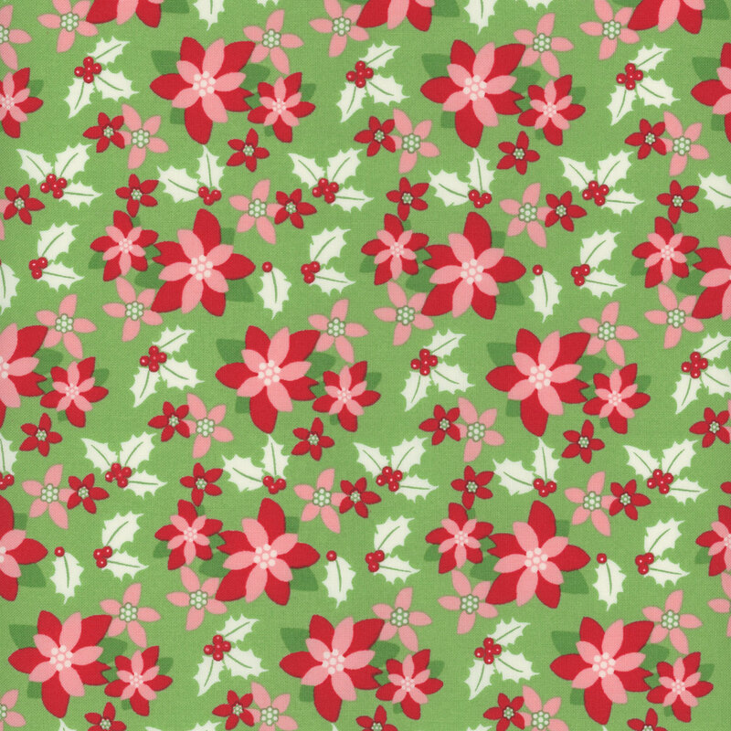 leaf green fabric featuring scattered pink and red poinsettias and bunches of red berried holly with white leaves