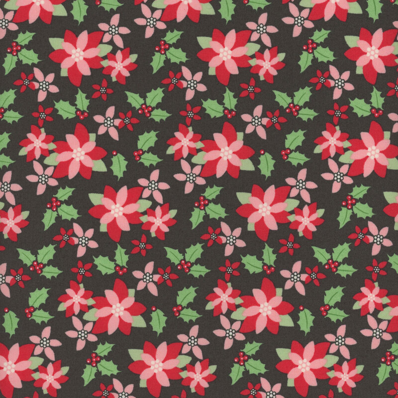 charcoal black fabric featuring scattered pink and red poinsettias and bunches of holly