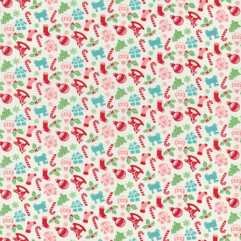 off white fabric featuring scattered green, pink, red, and blue Christmas silhouettes, including holly, bells, rocking horses, snowflakes, presents, Christmas trees, candy canes, stockings, trains, and ornaments