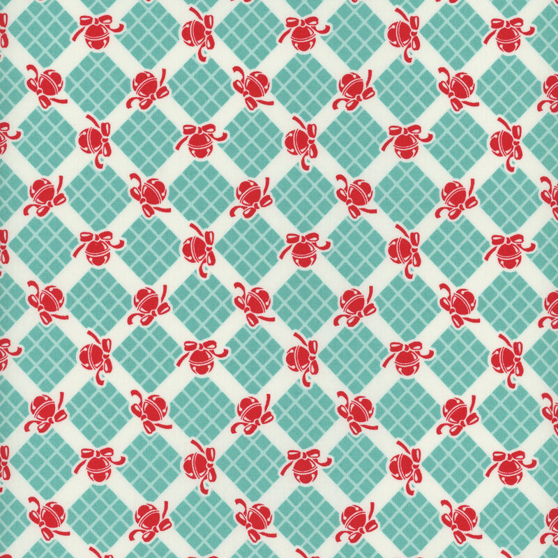 off white fabric featuring teal geometric elements with candy red bells scattered in between