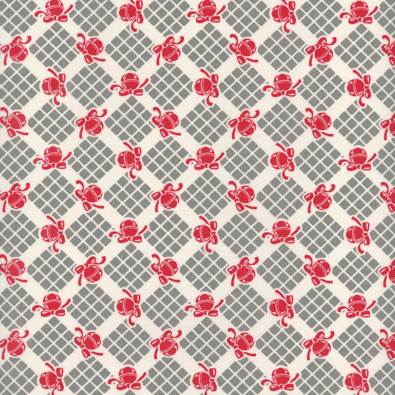 off white fabric featuring charcoal gray geometric elements with candy red bells scattered in between