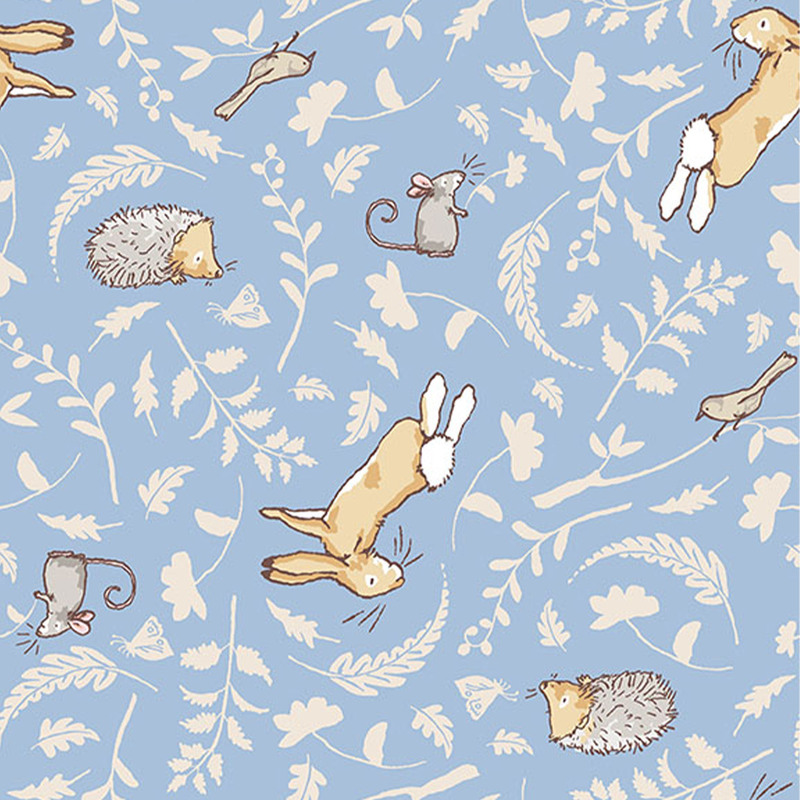 Denim Blue fabric featuring tonal leaf silhouettes and joyful woodland animals in soft, neutral colors.