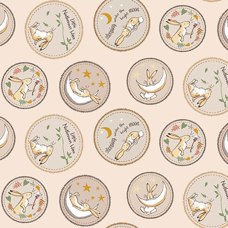 Beige fabric featuring tonal circular medallions, each featuring a small scene and phrases from the book with Little Nutbrown Hare.