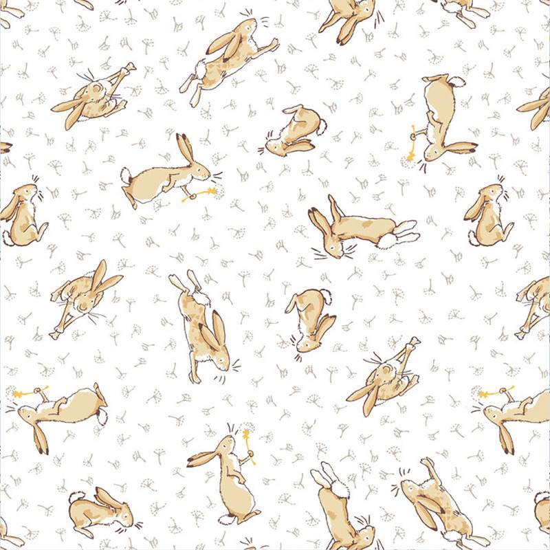Cream fabric featuring tonal dandelion seeds and Little Nutbrown Hare chasing them all around.