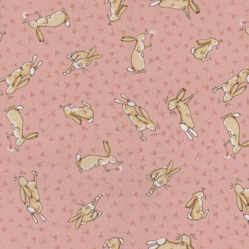 Coral fabric featuring tonal dandelion seeds and Little Nutbrown Hare chasing them all around.