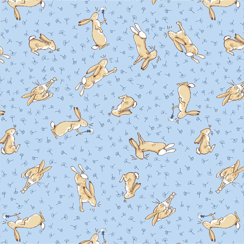 Blue fabric featuring tonal dandelion seeds and Little Nutbrown Hare chasing them all around.