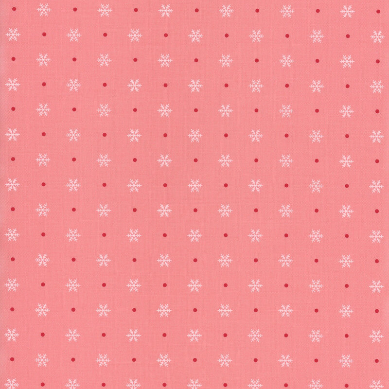 pink fabric featuring alternating off white snowflakes and candy red polka dots