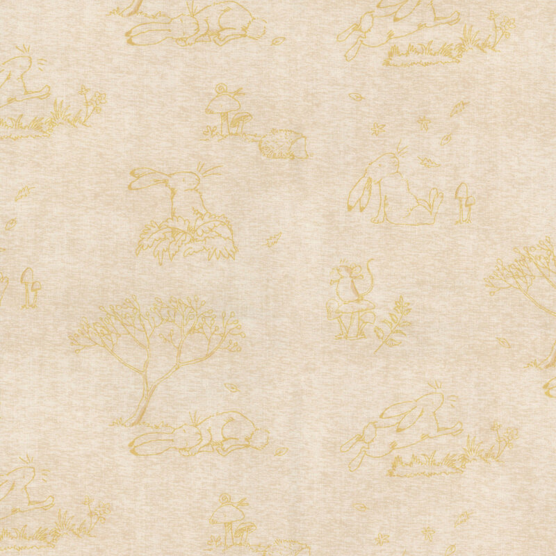 Tonal beige fabric featuring line drawings in a toile style of Little Nutbrown Hare and their forest friends both at play and rest.