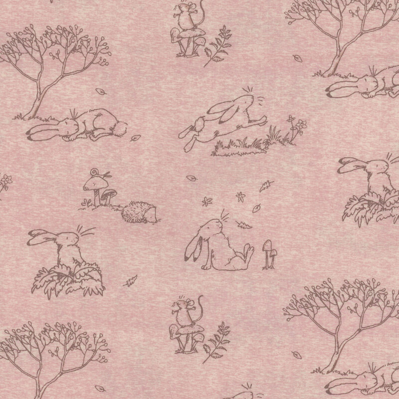 Tonal coral fabric featuring line drawings in a toile style of Little Nutbrown Hare and their forest friends both at play and rest.
