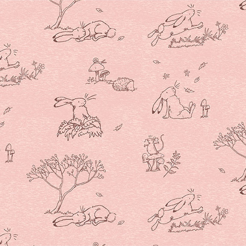 Tonal coral fabric featuring line drawings in a toile style of Little Nutbrown Hare and their forest friends both at play and rest.