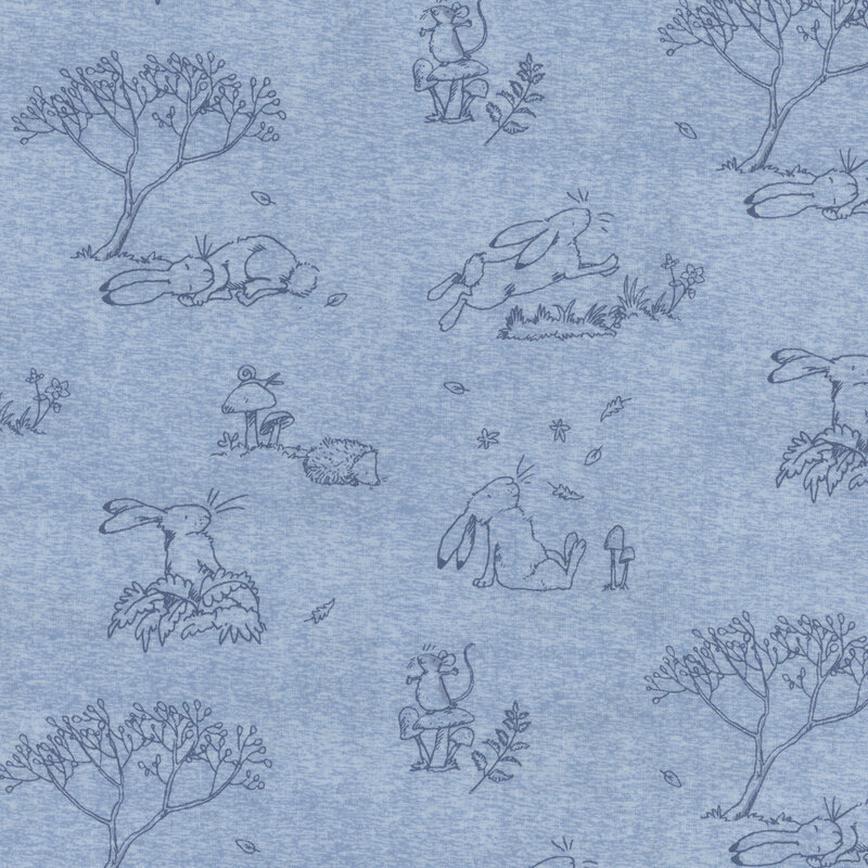 Tonal blue fabric featuring line drawings in a toile style of Little Nutbrown Hare and their forest friends both at play and rest.