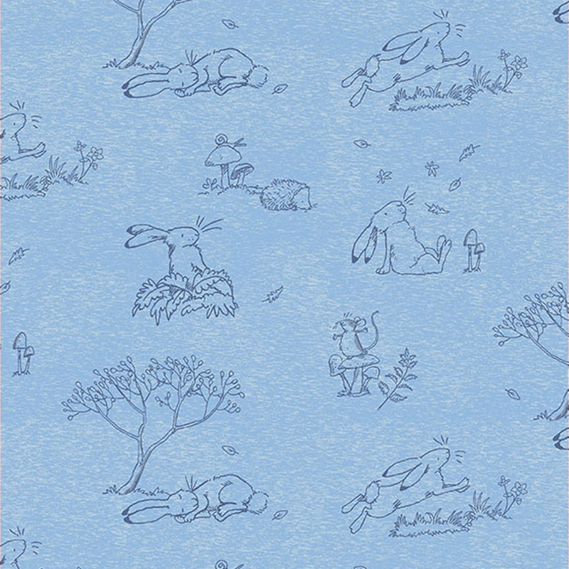 Tonal blue fabric featuring line drawings in a toile style of Little Nutbrown Hare and their forest friends both at play and rest.
