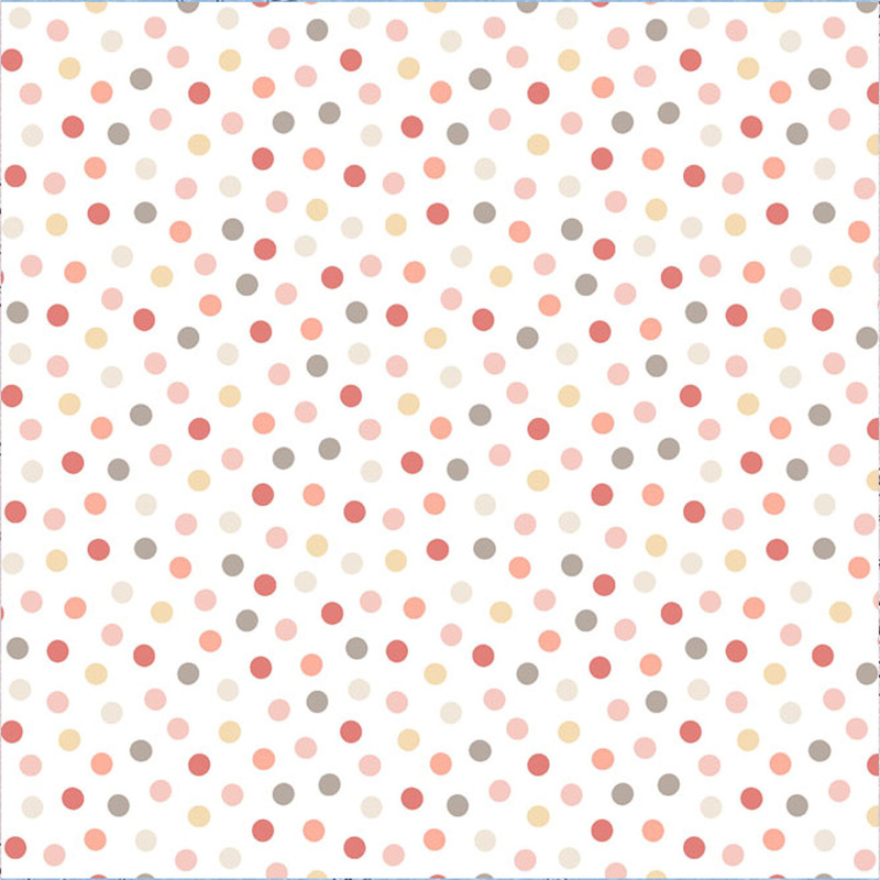 Cream fabric featuring whimsical dots in coral, pink, gray, beige, and taupe for a confetti-like effect.
