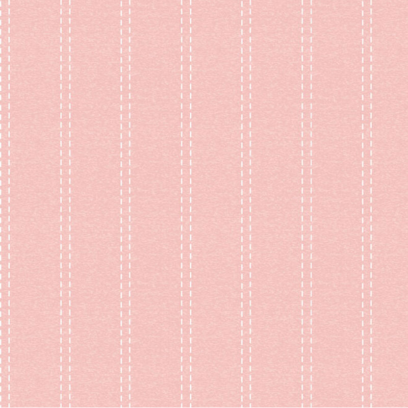 This soft coral fabric features white pin stripes in a dashed pattern that seems to mimic sewn stitches.