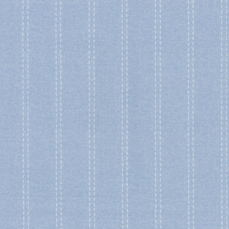 This soft denim blue fabric features white pin stripes in a dashed pattern that seems to mimic sewn stitches.