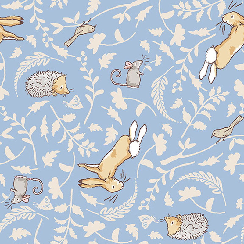 Blue fabric featuring tonal leaf silhouettes and joyful woodland animals in soft, neutral colors.