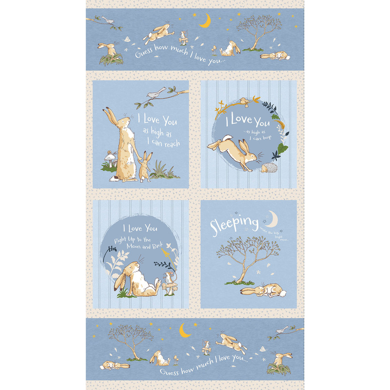 Image of full width denim blue panel featuring rabbits and scenery from the book Guess How Much I Love You