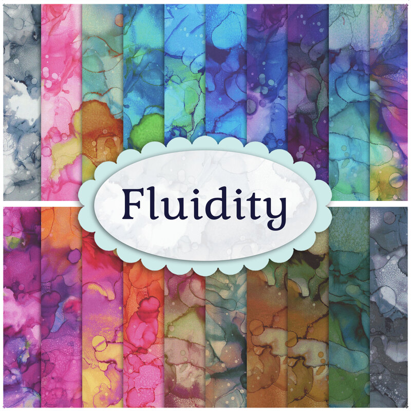 Collage of fabrics in the Fluidity FQ bundle featuring watercolor prints.