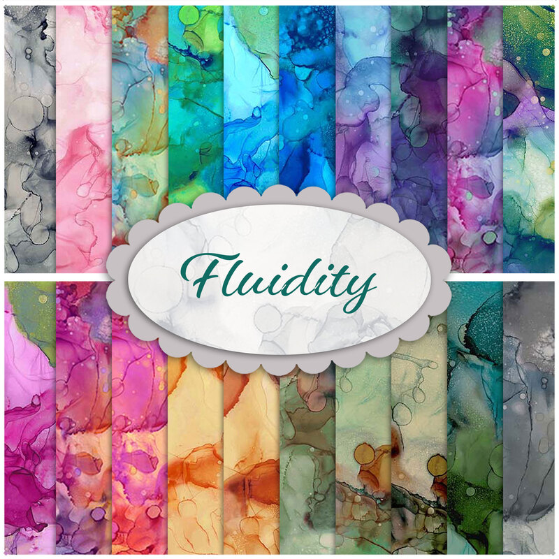 Collage of fabrics in fluidity FQ bundle featuring watercolor prints