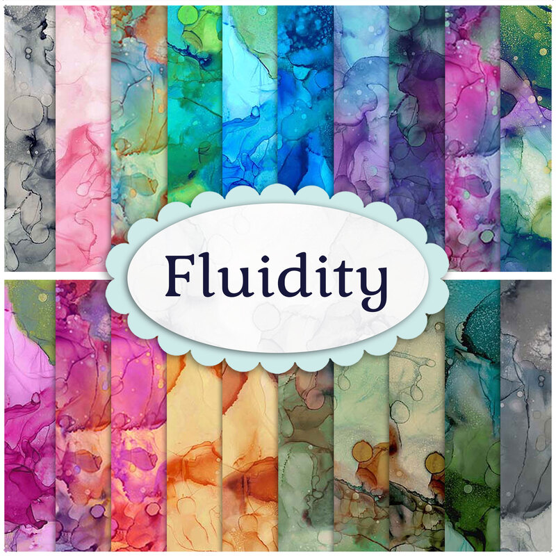 Collage of fabrics in fluidity FQ bundle featuring watercolor prints
