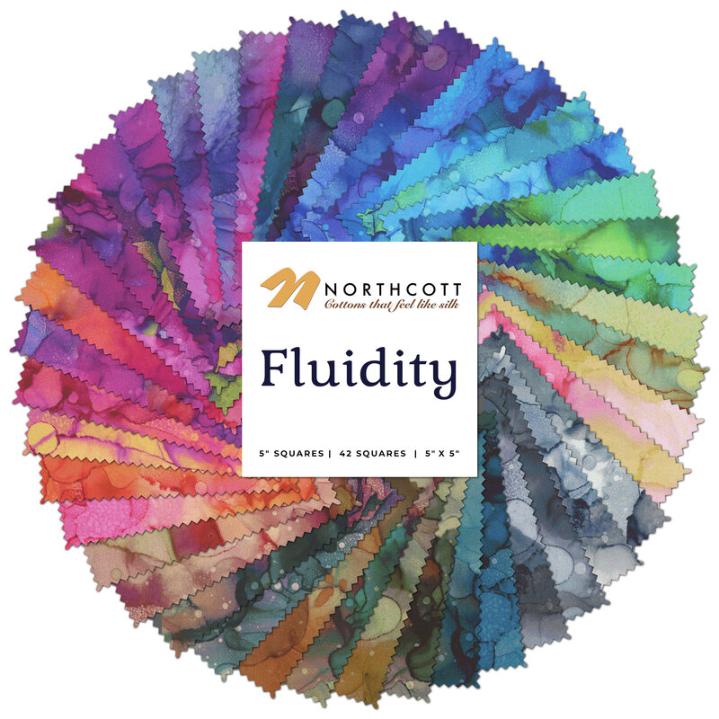 Collage of fabrics in the Fluidity charm pack featuring watercolor prints.