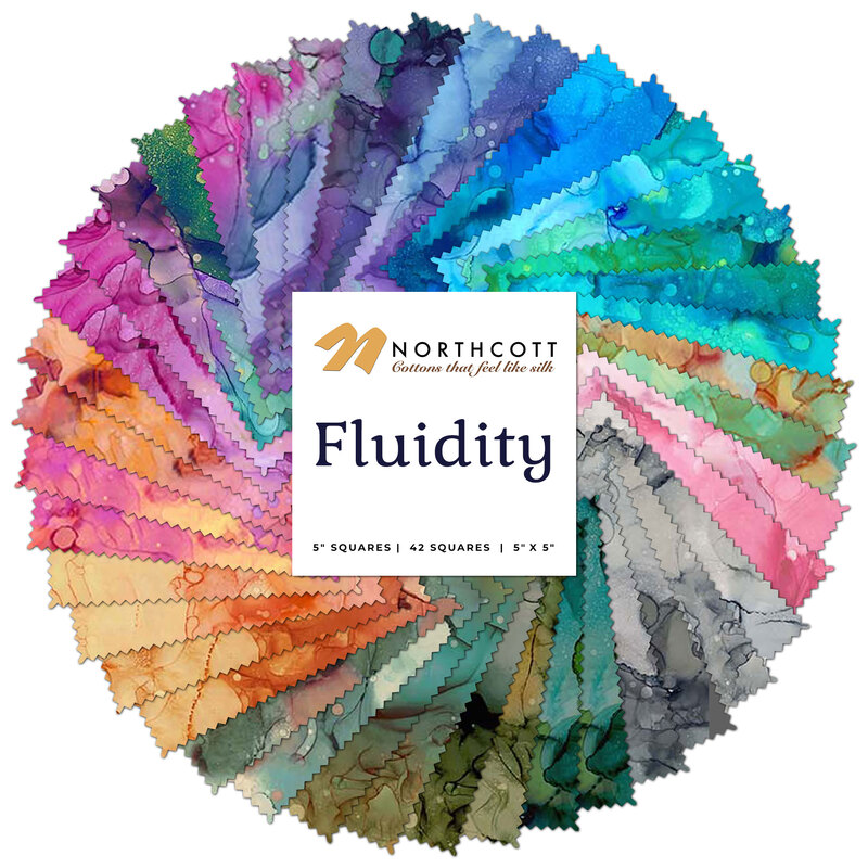 Collage of fabrics in fluidity charm pack featuring watercolor prints