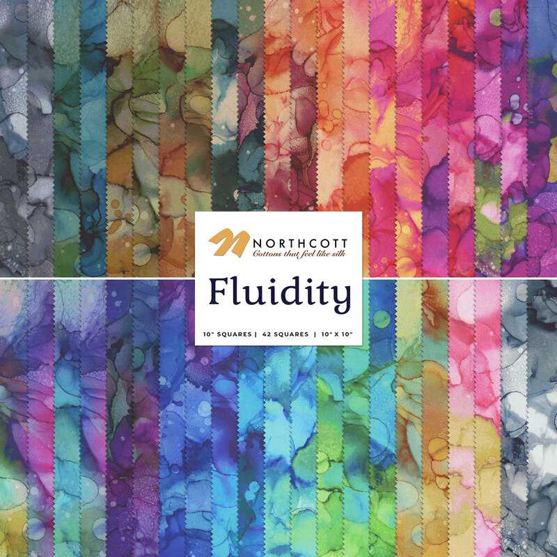 Collage of fabrics in the Fluidity layer cake featuring watercolor prints.