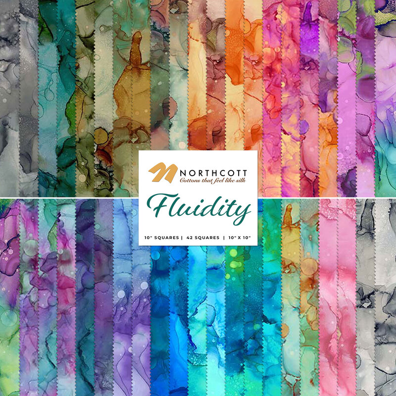 Collage of fabrics in fluidity layer cake featuring watercolor prints