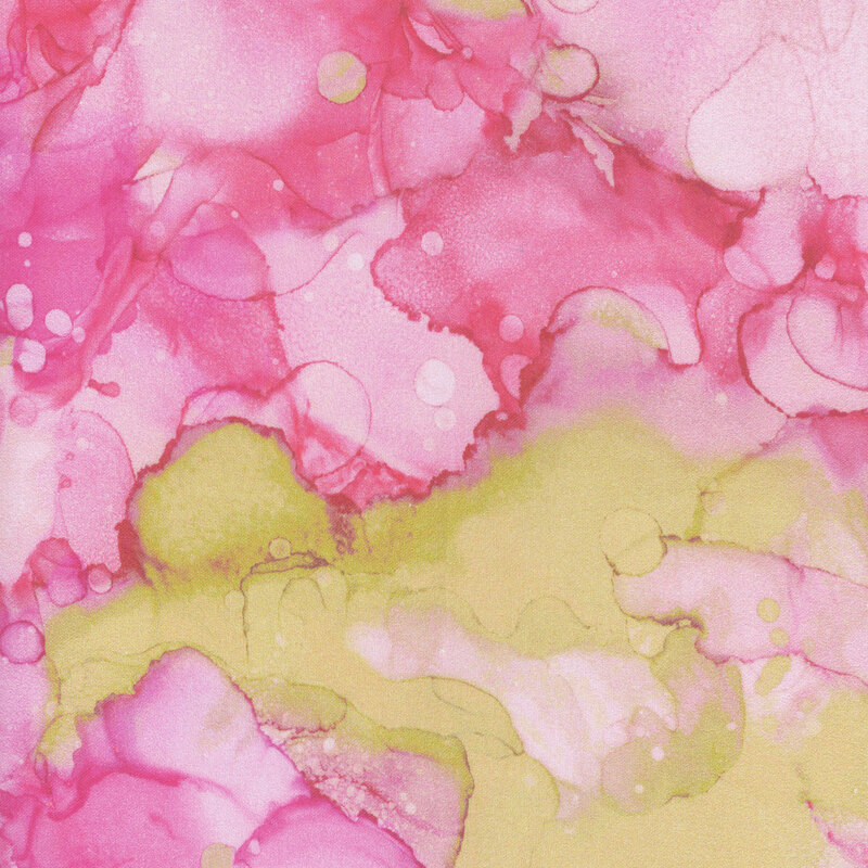 A watercolor print in shades of pink with a splash of light olive green.