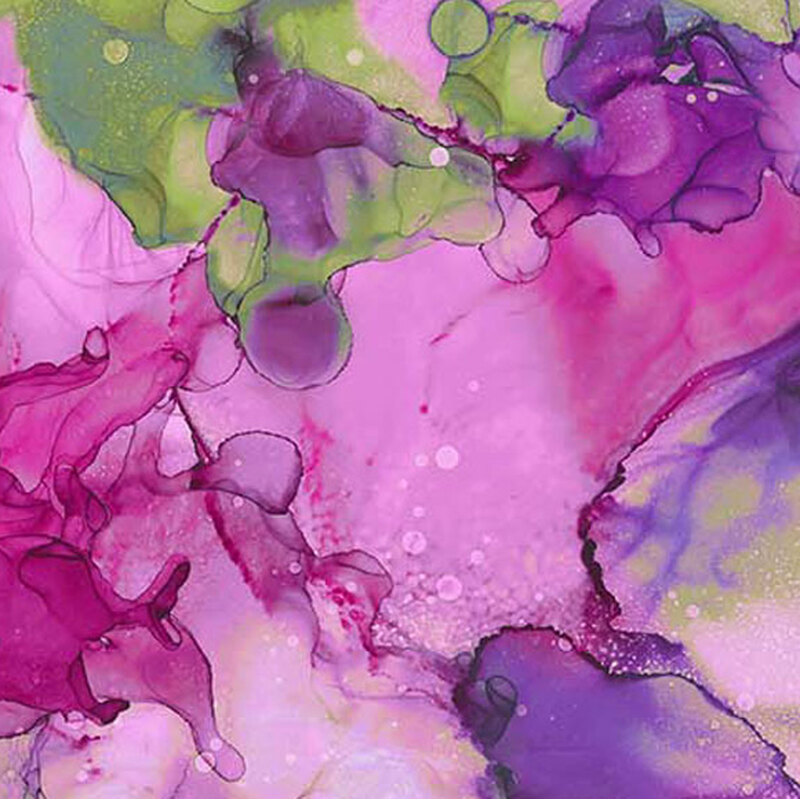This fabric features a watercolor print in shades of purple and magenta with a splash of green